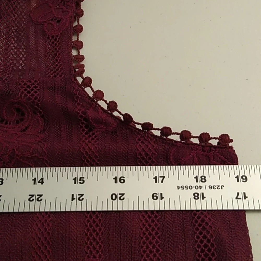 LACE, LINED, KEY HOLE, FEMININE BLOUSE, BURGUNDY TRENDING - Picture 3 of 7